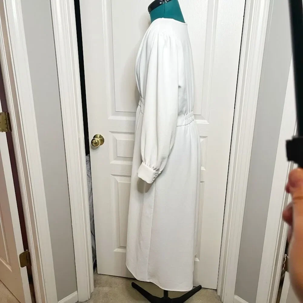 Zara Midi V Neck Button Down Front Smocked Polyester Textured Long Sleeve Dress - Picture 3 of 15